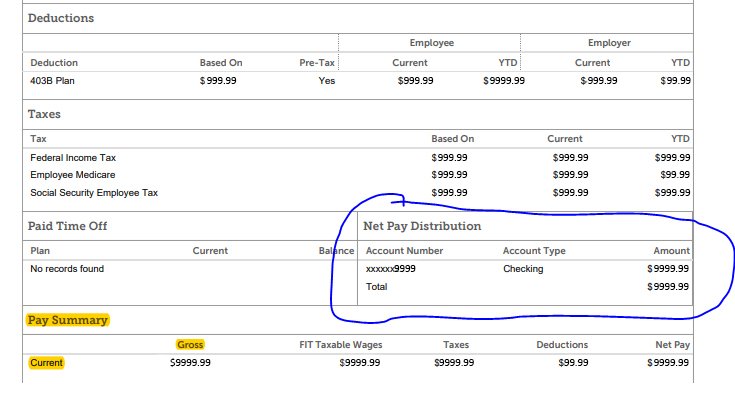 Net Pay Distribution section of direct deposit pay stub. EXAMPLE ONLY. Actual amounts redacted.
