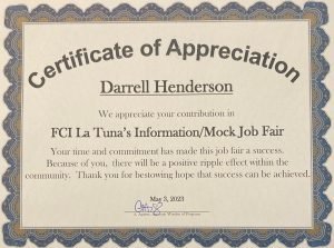 Certificate of Appreciaton to Texas Veterans Commssion Team for helping at job fair.
