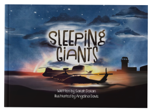 Military Childrens' book Sleeping Giants book cover depicts helicopters asleep under night sky
